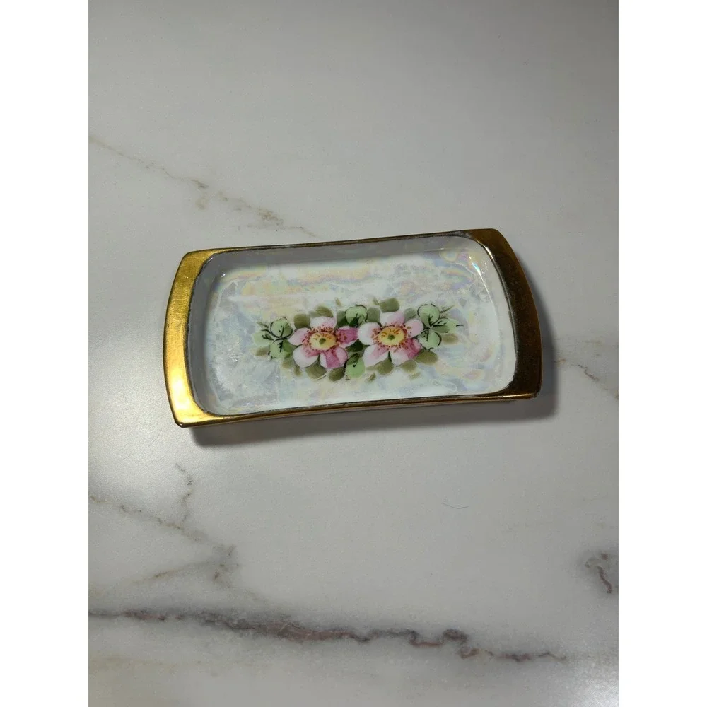 MZ Altrohlau CMR Czechoslovakia Lustreware Floral Trinket Dish Gold Trim Vintage